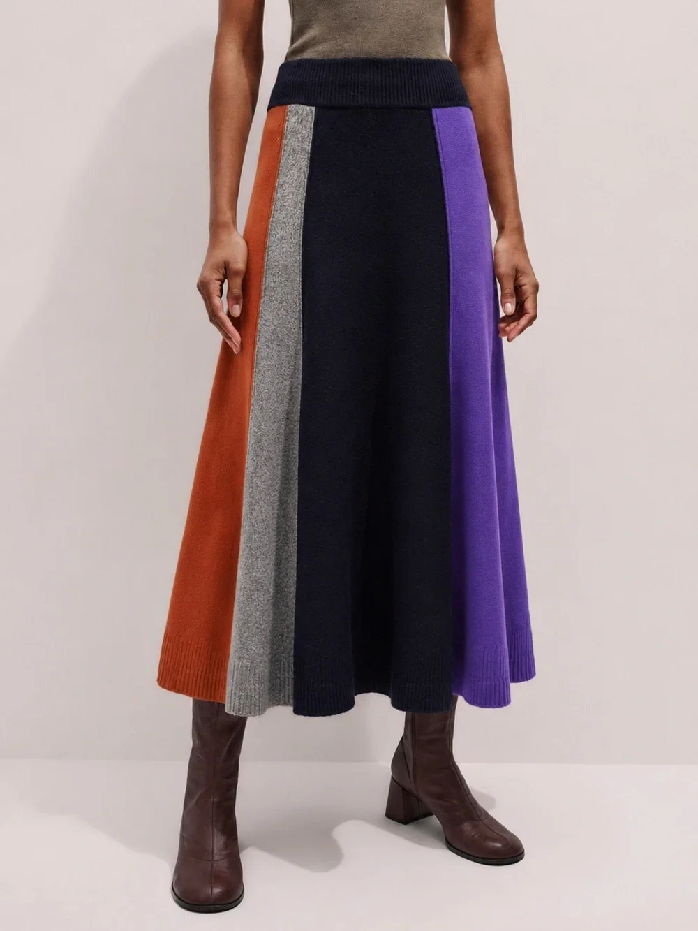 ME+EM Merino Wool-Cashmere Colourblock A-Line Maxi Skirt